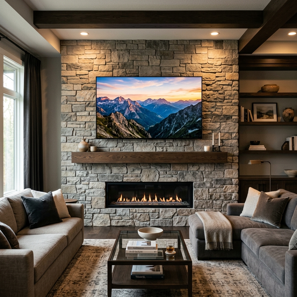 TV mounted above stone fireplace
