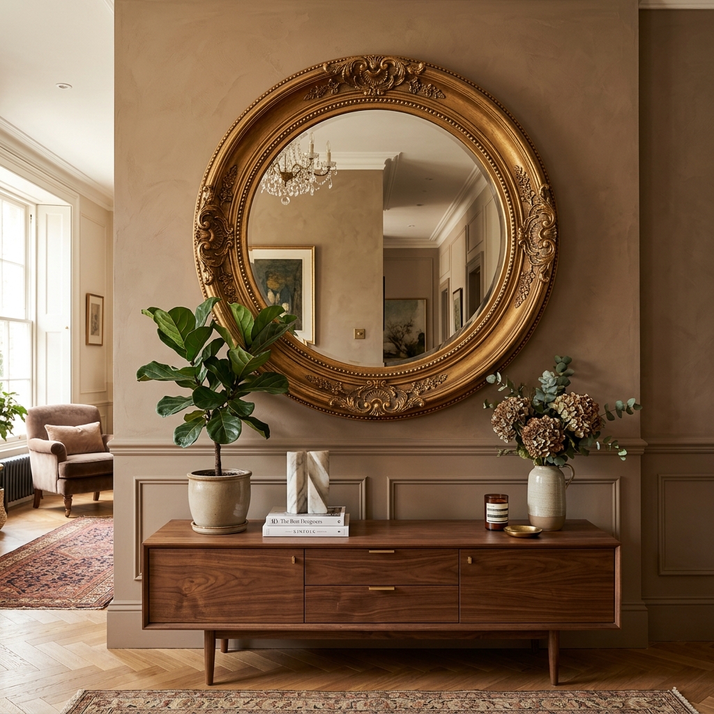 Large decorative mirror mounted on feature wall