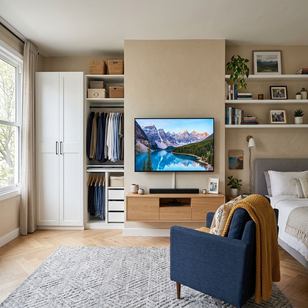 Cozy interior showcasing TV mounting, floating console, and modular wardrobe custom assembly